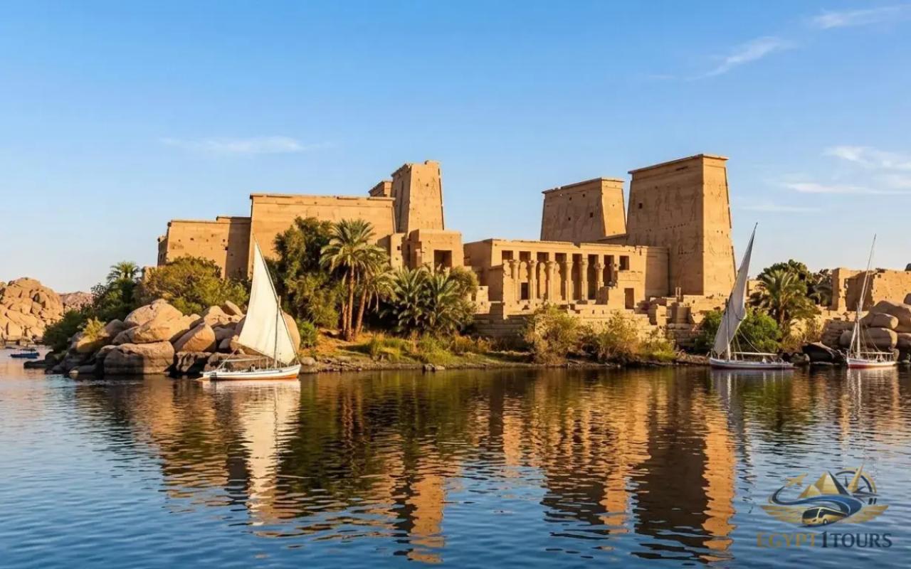 Traditional Nile motorboat approaching the stunning Philae Temple on Agilkia Island