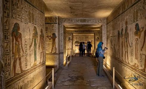 Travelers exploring the historic Pharaonic tombs at the Valley of the Kings in Luxor