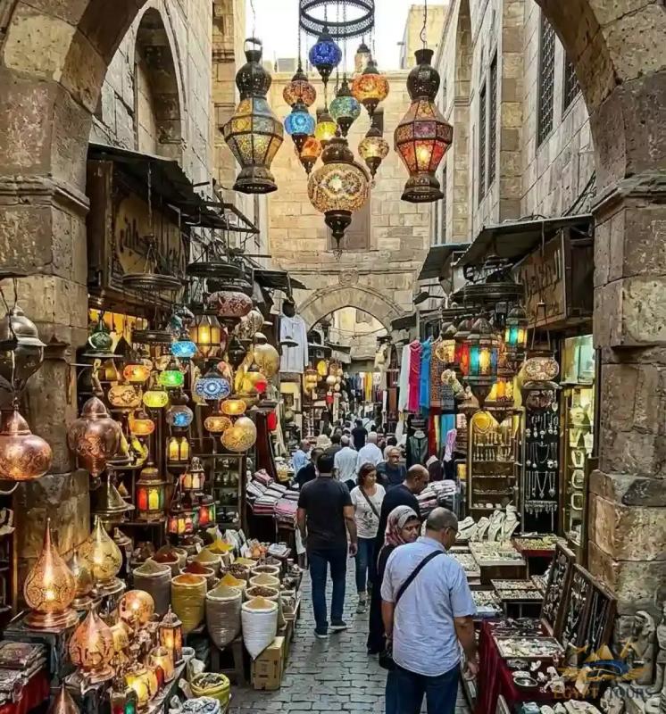 Vibrant traditional lanterns and alleyways at Khan El Khalili bazaar in Islamic Cairo