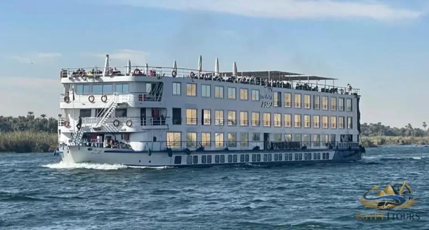 Luxury 4-day Nile River cruise ship sailing downriver from Aswan to Luxor