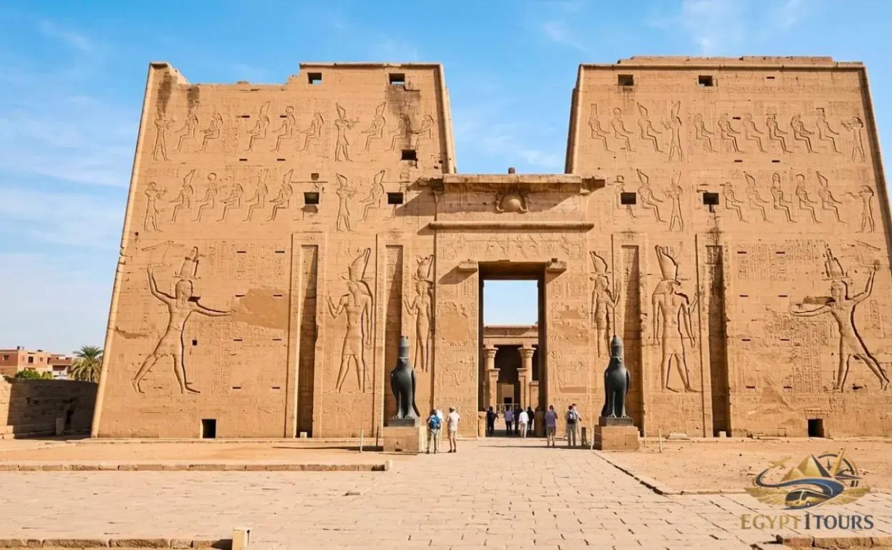 Majestic pylon and stone statues at the Temple of Horus in Edfu