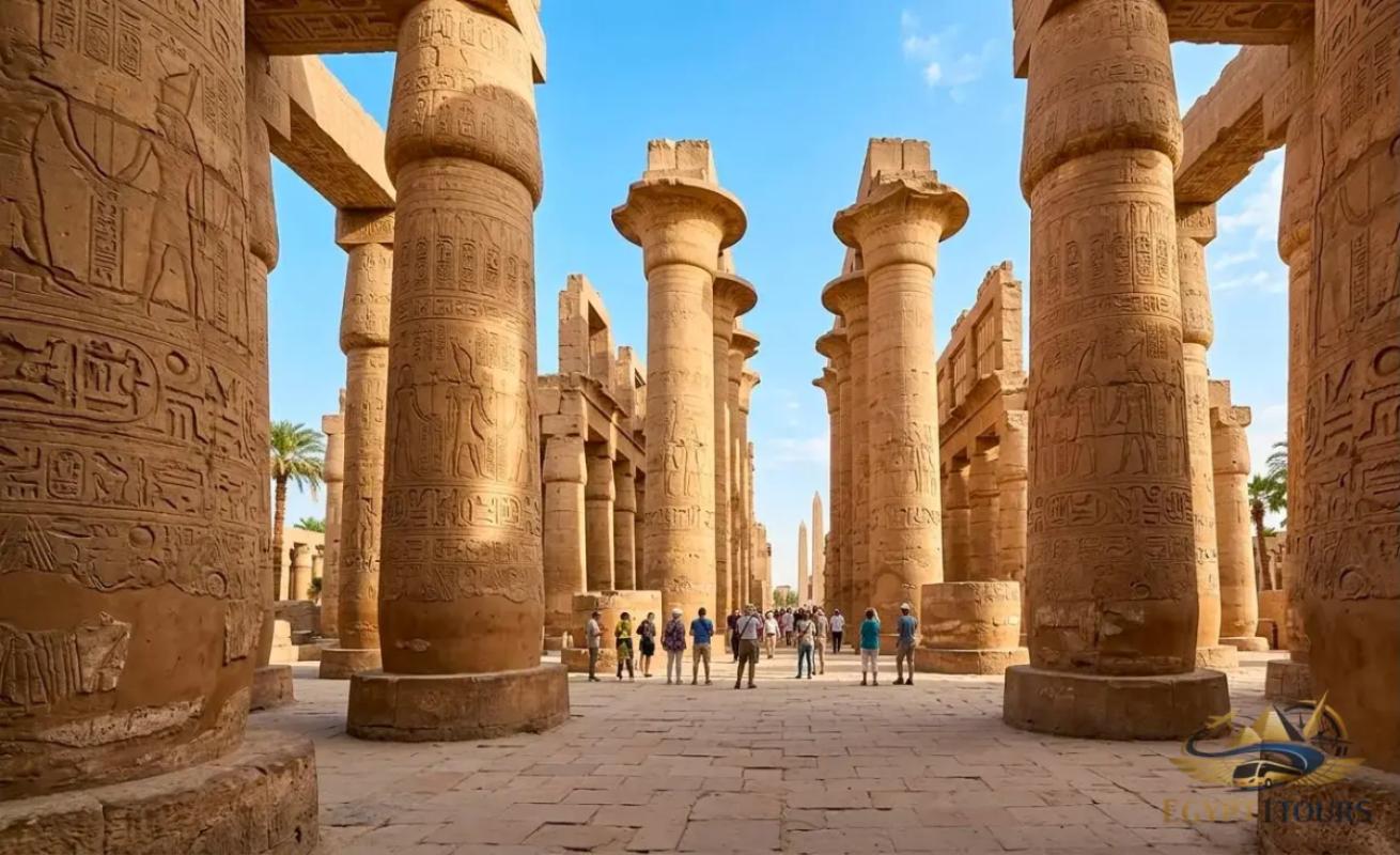 Massive columns of Karnak Temple and royal tombs in the Valley of the Kings, Luxor
