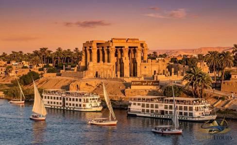 Travelers taking a scenic boat ride to Philae Temple on Agilkia Island in Aswan