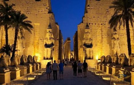 Illuminated statues and Avenue of Sphinxes at Luxor Temple during evening tour