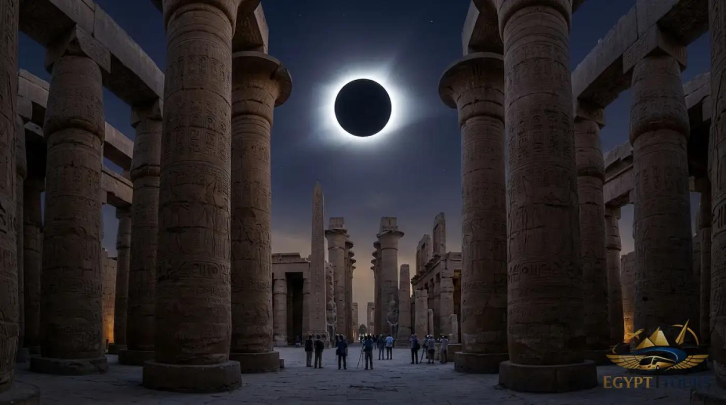 Total solar eclipse 2027 over Karnak Temple Hypostyle Hall during Luxor day tour from Hurghada