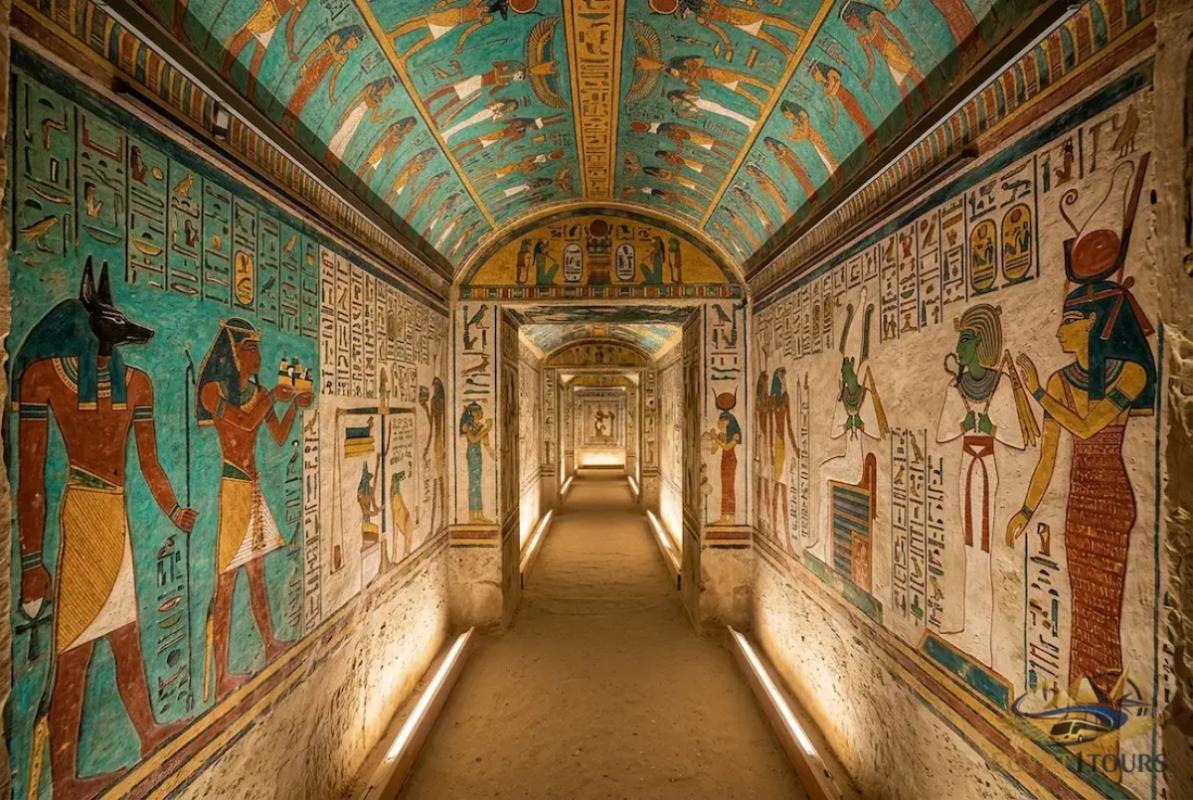 Ancient hieroglyphics and colorful wall paintings inside a royal tomb at Valley of the Kings in Luxor