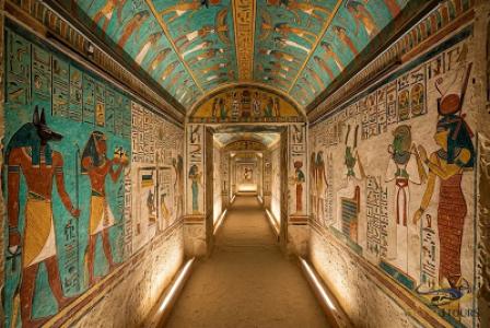 Ancient hieroglyphics and colorful wall paintings inside a royal tomb at Valley of the Kings in Luxor